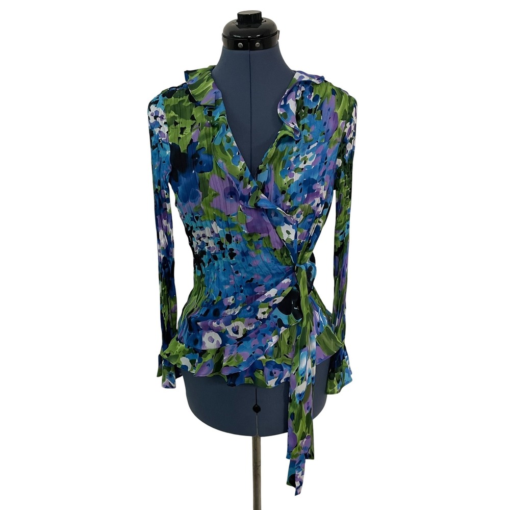 Sunny Leigh Petite Floral Crinkle Pleated Ruffle Wrap Blouse Y2K Tropical PM